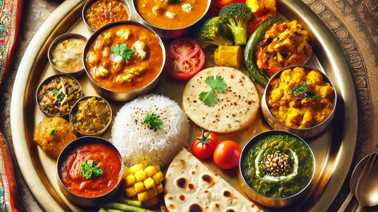 DALL·E 2025-02-24 14.21.36 - A vibrant Indian thali with traditional vegetarian dishes, including paneer curry, dal, rice, naan, mixed vegetable sabzi, and assorted chutneys, serv